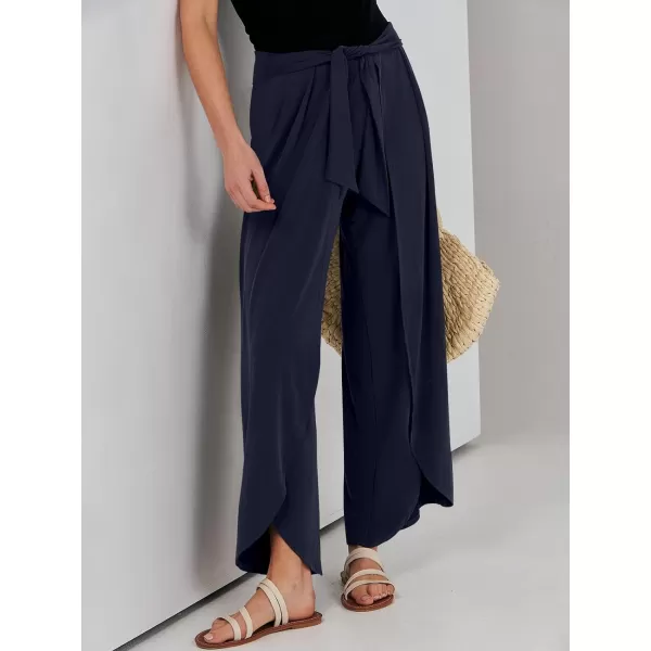 imageANRABESS Women Summer Wide Leg Pants Tie Front Loose Flowy High Waisted Casual Slit Boho Lounge Palazzo Pants TrousersNavy Blue