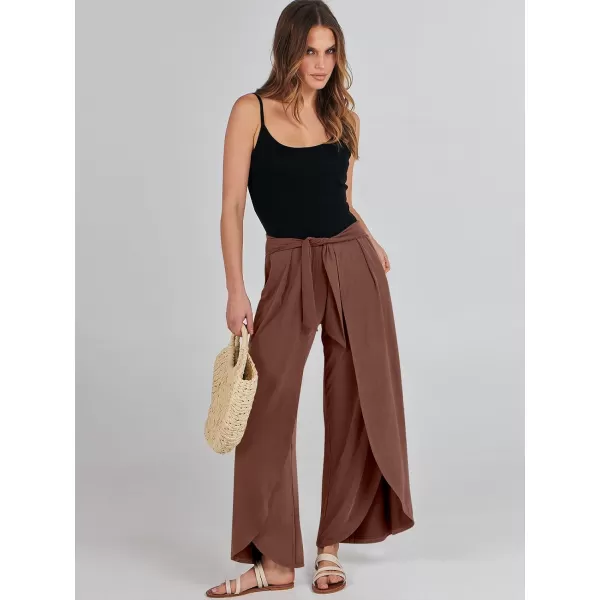 imageANRABESS Women Summer Wide Leg Pants Tie Front Loose Flowy High Waisted Casual Slit Boho Lounge Palazzo Pants TrousersRust