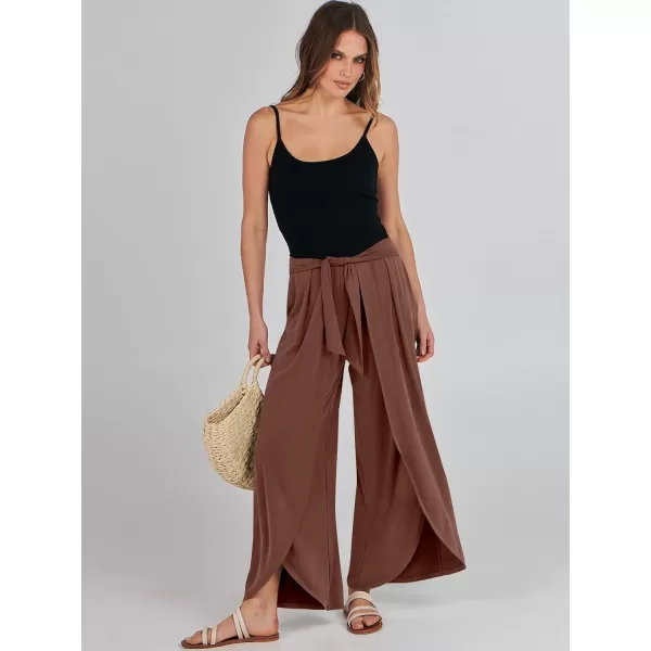 imageANRABESS Women Summer Wide Leg Pants Tie Front Loose Flowy High Waisted Casual Slit Boho Lounge Palazzo Pants TrousersRust