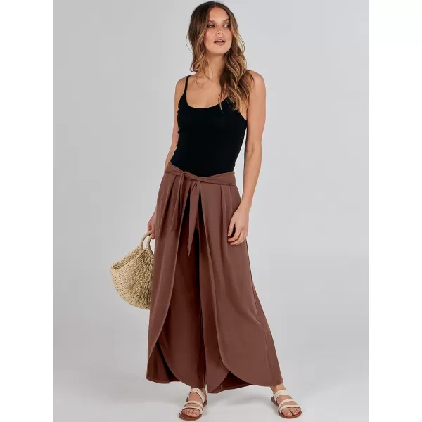 imageANRABESS Women Summer Wide Leg Pants Tie Front Loose Flowy High Waisted Casual Slit Boho Lounge Palazzo Pants TrousersRust