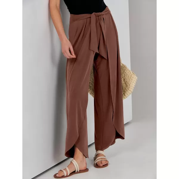 imageANRABESS Women Summer Wide Leg Pants Tie Front Loose Flowy High Waisted Casual Slit Boho Lounge Palazzo Pants TrousersRust
