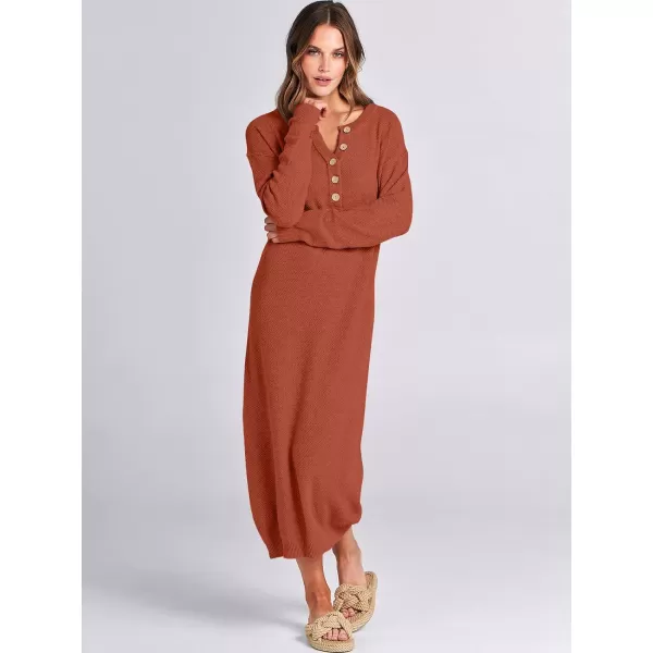 imageANRABESS Women Sweater Dress Long Sleeve Button V Neck Oversized Casual Loose Fall Waffle Knit Long DressBrick Red