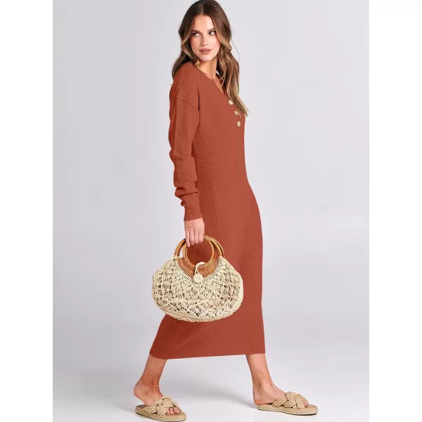 imageANRABESS Women Sweater Dress Long Sleeve Button V Neck Oversized Casual Loose Fall Waffle Knit Long DressBrick Red
