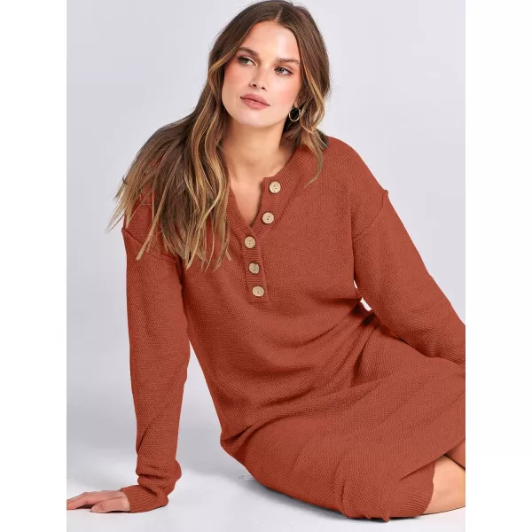 imageANRABESS Women Sweater Dress Long Sleeve Button V Neck Oversized Casual Loose Fall Waffle Knit Long DressBrick Red