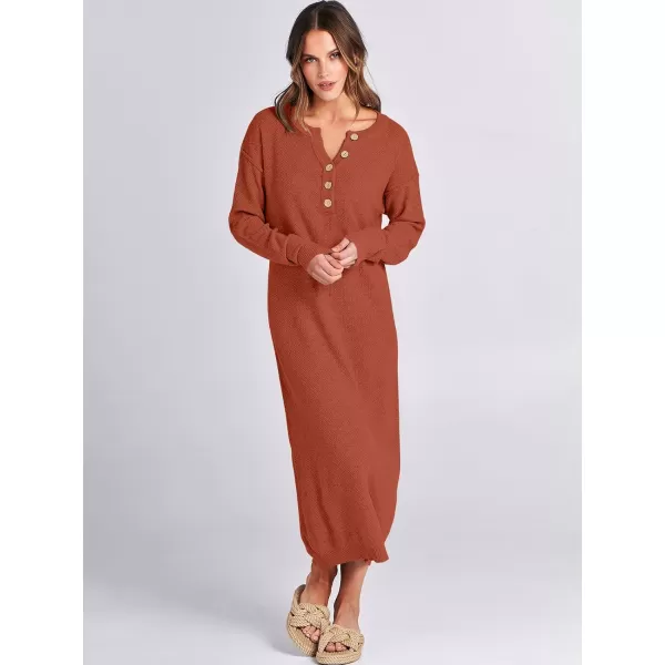imageANRABESS Women Sweater Dress Long Sleeve Button V Neck Oversized Casual Loose Fall Waffle Knit Long DressBrick Red