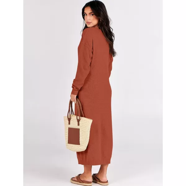 imageANRABESS Women Sweater Dress Long Sleeve Button V Neck Oversized Casual Loose Fall Waffle Knit Long DressBrick Red