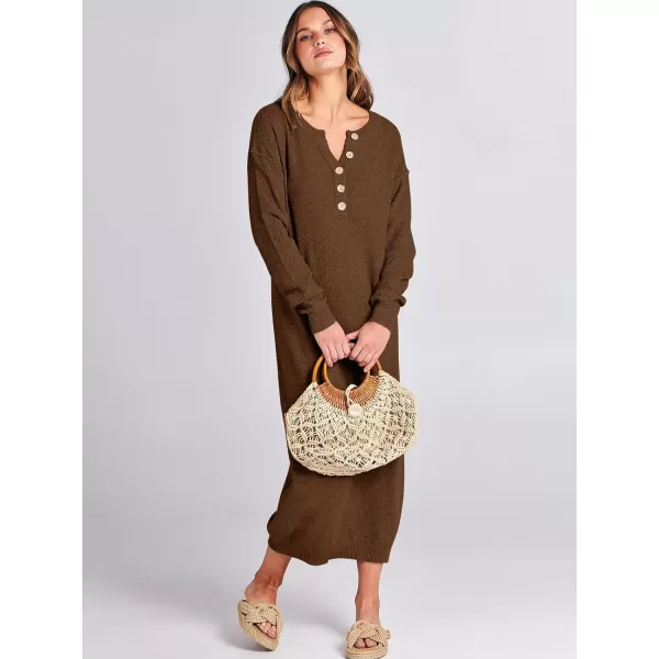 imageANRABESS Women Sweater Dress Long Sleeve Button V Neck Oversized Casual Loose Fall Waffle Knit Long DressBrown