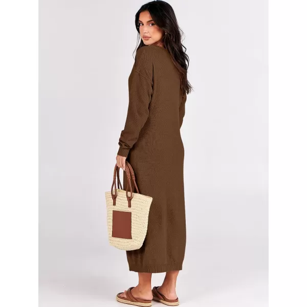 imageANRABESS Women Sweater Dress Long Sleeve Button V Neck Oversized Casual Loose Fall Waffle Knit Long DressBrown