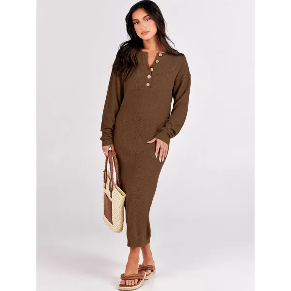 imageANRABESS Women Sweater Dress Long Sleeve Button V Neck Oversized Casual Loose Fall Waffle Knit Long DressBrown