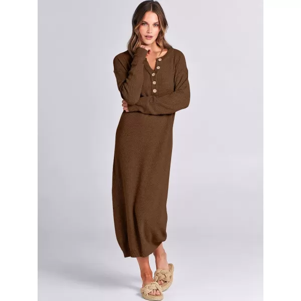 imageANRABESS Women Sweater Dress Long Sleeve Button V Neck Oversized Casual Loose Fall Waffle Knit Long DressBrown