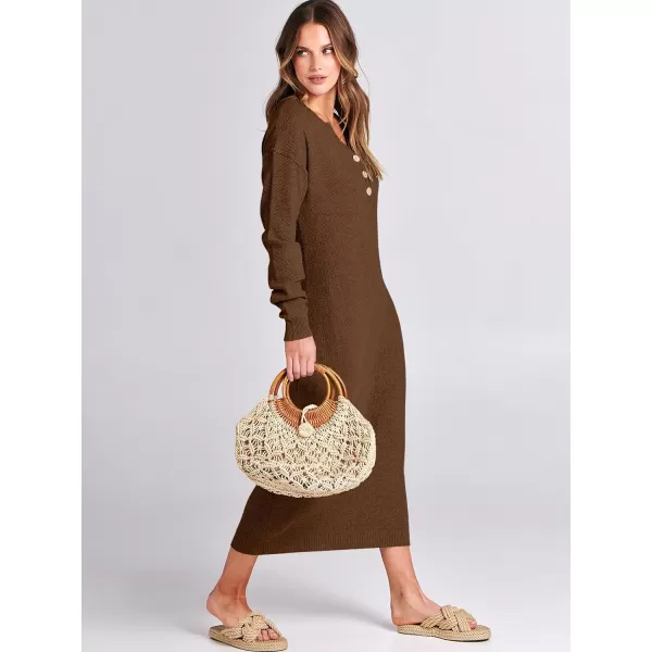 imageANRABESS Women Sweater Dress Long Sleeve Button V Neck Oversized Casual Loose Fall Waffle Knit Long DressBrown