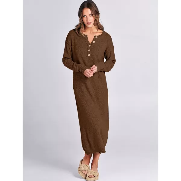 imageANRABESS Women Sweater Dress Long Sleeve Button V Neck Oversized Casual Loose Fall Waffle Knit Long DressBrown
