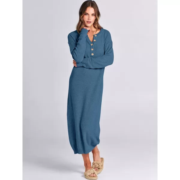 imageANRABESS Women Sweater Dress Long Sleeve Button V Neck Oversized Casual Loose Fall Waffle Knit Long DressDusty Blue