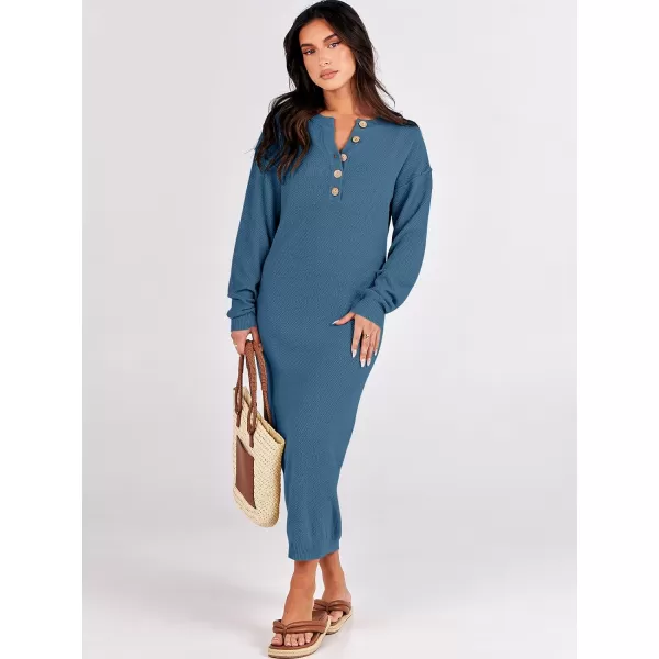 imageANRABESS Women Sweater Dress Long Sleeve Button V Neck Oversized Casual Loose Fall Waffle Knit Long DressDusty Blue