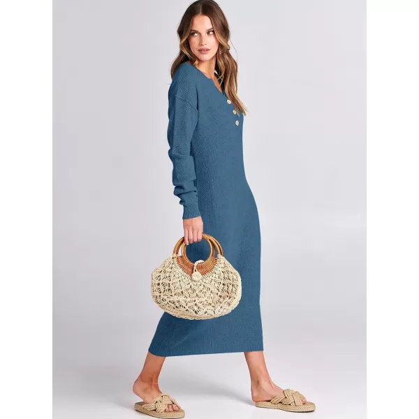 imageANRABESS Women Sweater Dress Long Sleeve Button V Neck Oversized Casual Loose Fall Waffle Knit Long DressDusty Blue