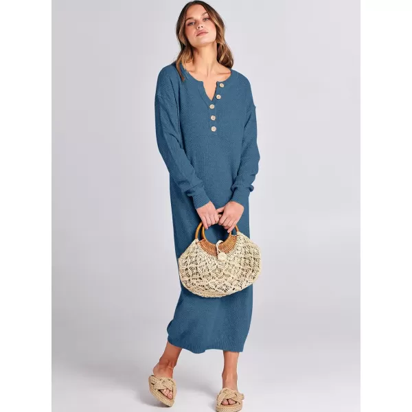 imageANRABESS Women Sweater Dress Long Sleeve Button V Neck Oversized Casual Loose Fall Waffle Knit Long DressDusty Blue