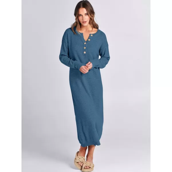 imageANRABESS Women Sweater Dress Long Sleeve Button V Neck Oversized Casual Loose Fall Waffle Knit Long DressDusty Blue