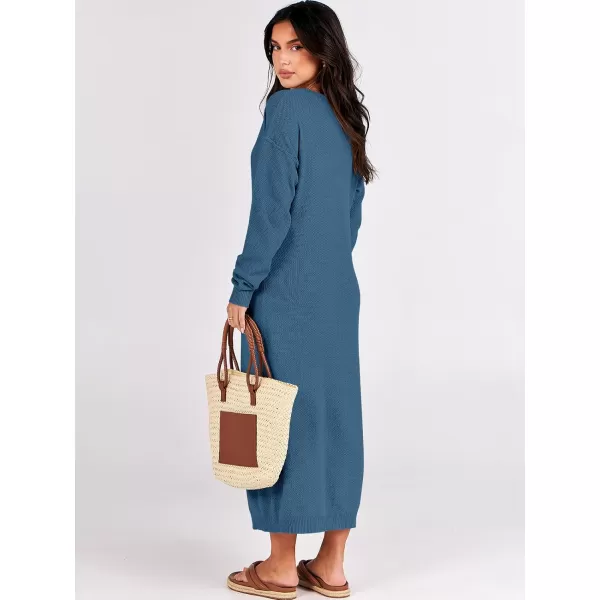 imageANRABESS Women Sweater Dress Long Sleeve Button V Neck Oversized Casual Loose Fall Waffle Knit Long DressDusty Blue