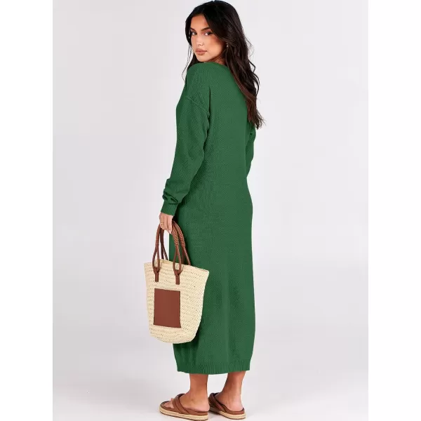 imageANRABESS Women Sweater Dress Long Sleeve Button V Neck Oversized Casual Loose Fall Waffle Knit Long DressGreen