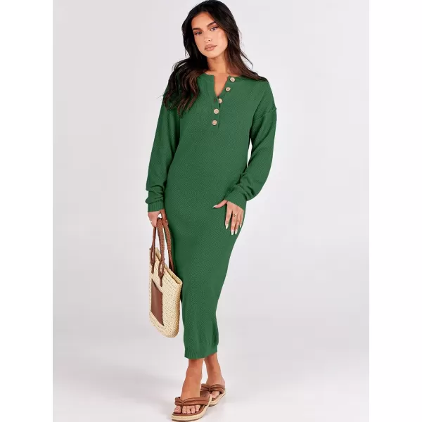 imageANRABESS Women Sweater Dress Long Sleeve Button V Neck Oversized Casual Loose Fall Waffle Knit Long DressGreen