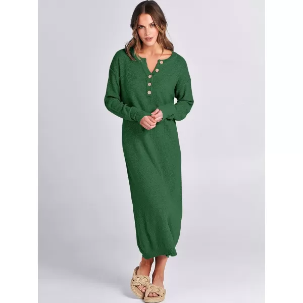 imageANRABESS Women Sweater Dress Long Sleeve Button V Neck Oversized Casual Loose Fall Waffle Knit Long DressGreen