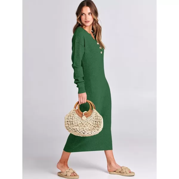 imageANRABESS Women Sweater Dress Long Sleeve Button V Neck Oversized Casual Loose Fall Waffle Knit Long DressGreen