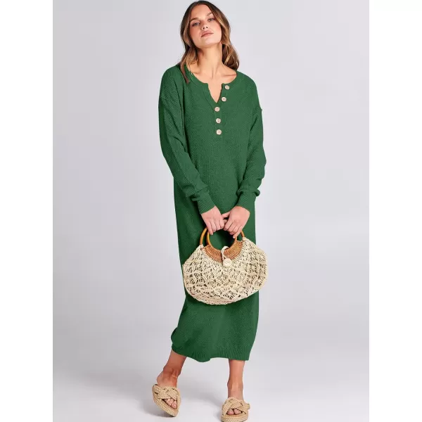 imageANRABESS Women Sweater Dress Long Sleeve Button V Neck Oversized Casual Loose Fall Waffle Knit Long DressGreen
