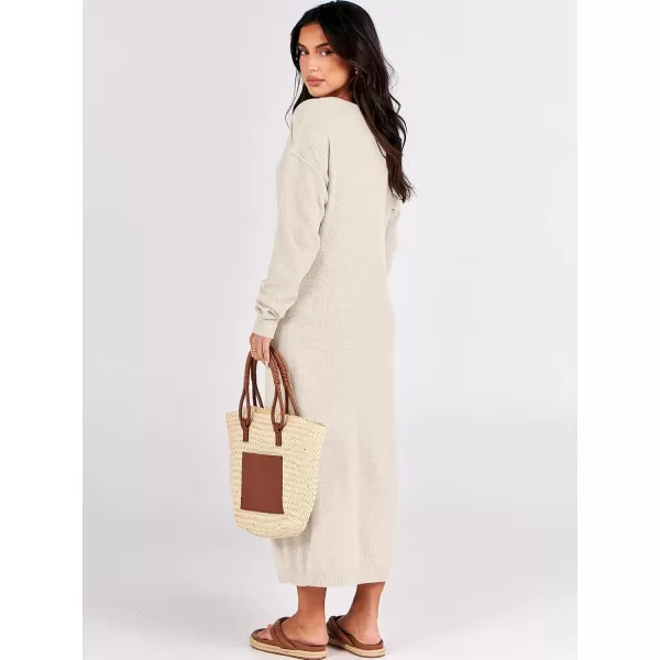 imageANRABESS Women Sweater Dress Long Sleeve Button V Neck Oversized Casual Loose Fall Waffle Knit Long DressLight Apricot