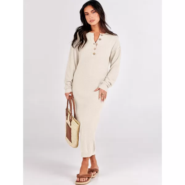 imageANRABESS Women Sweater Dress Long Sleeve Button V Neck Oversized Casual Loose Fall Waffle Knit Long DressLight Apricot
