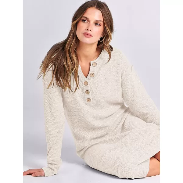 imageANRABESS Women Sweater Dress Long Sleeve Button V Neck Oversized Casual Loose Fall Waffle Knit Long DressLight Apricot