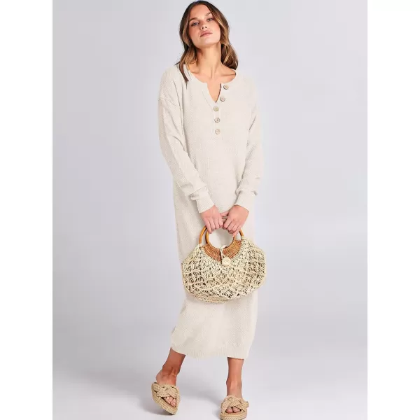 imageANRABESS Women Sweater Dress Long Sleeve Button V Neck Oversized Casual Loose Fall Waffle Knit Long DressLight Apricot