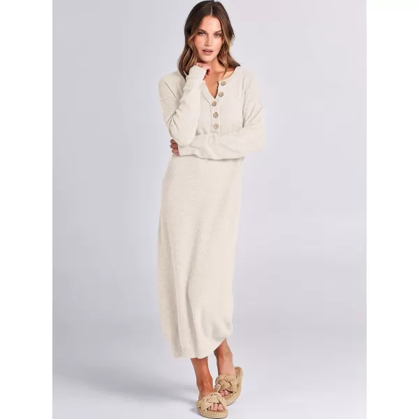 imageANRABESS Women Sweater Dress Long Sleeve Button V Neck Oversized Casual Loose Fall Waffle Knit Long DressLight Apricot