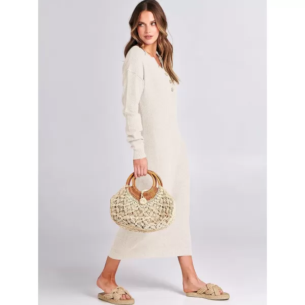imageANRABESS Women Sweater Dress Long Sleeve Button V Neck Oversized Casual Loose Fall Waffle Knit Long DressLight Apricot