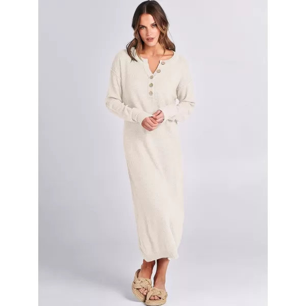 imageANRABESS Women Sweater Dress Long Sleeve Button V Neck Oversized Casual Loose Fall Waffle Knit Long DressLight Apricot