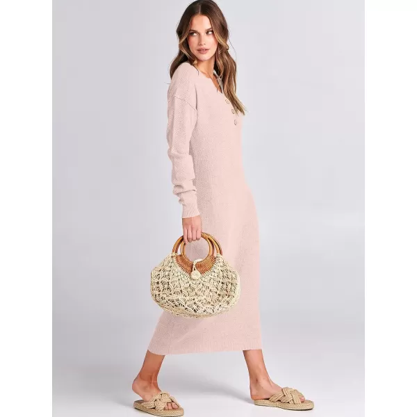 imageANRABESS Women Sweater Dress Long Sleeve Button V Neck Oversized Casual Loose Fall Waffle Knit Long DressLight Pink
