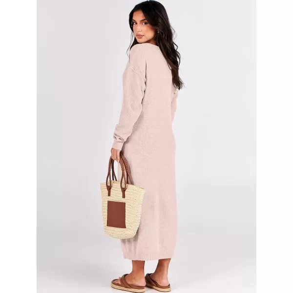 imageANRABESS Women Sweater Dress Long Sleeve Button V Neck Oversized Casual Loose Fall Waffle Knit Long DressLight Pink