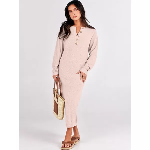 imageANRABESS Women Sweater Dress Long Sleeve Button V Neck Oversized Casual Loose Fall Waffle Knit Long DressLight Pink