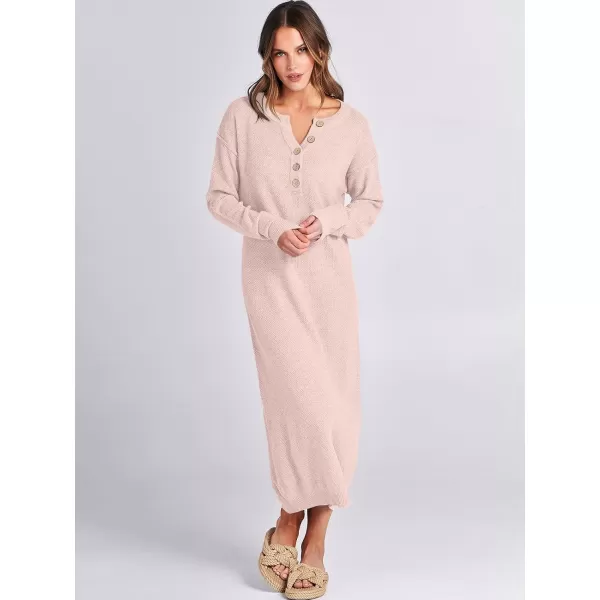 imageANRABESS Women Sweater Dress Long Sleeve Button V Neck Oversized Casual Loose Fall Waffle Knit Long DressLight Pink
