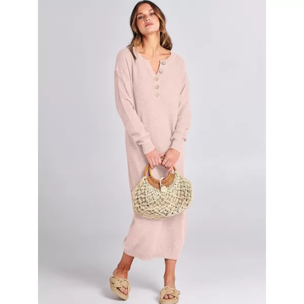 imageANRABESS Women Sweater Dress Long Sleeve Button V Neck Oversized Casual Loose Fall Waffle Knit Long DressLight Pink