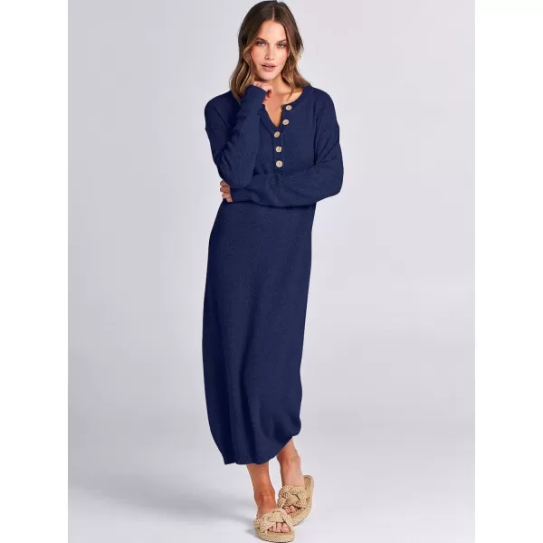imageANRABESS Women Sweater Dress Long Sleeve Button V Neck Oversized Casual Loose Fall Waffle Knit Long DressNavy Blue