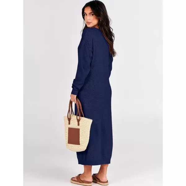imageANRABESS Women Sweater Dress Long Sleeve Button V Neck Oversized Casual Loose Fall Waffle Knit Long DressNavy Blue