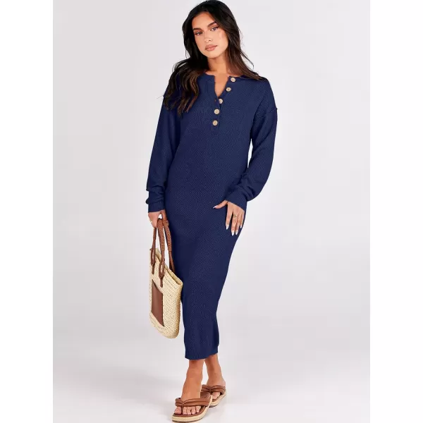 imageANRABESS Women Sweater Dress Long Sleeve Button V Neck Oversized Casual Loose Fall Waffle Knit Long DressNavy Blue