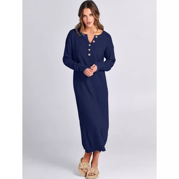 imageANRABESS Women Sweater Dress Long Sleeve Button V Neck Oversized Casual Loose Fall Waffle Knit Long DressNavy Blue
