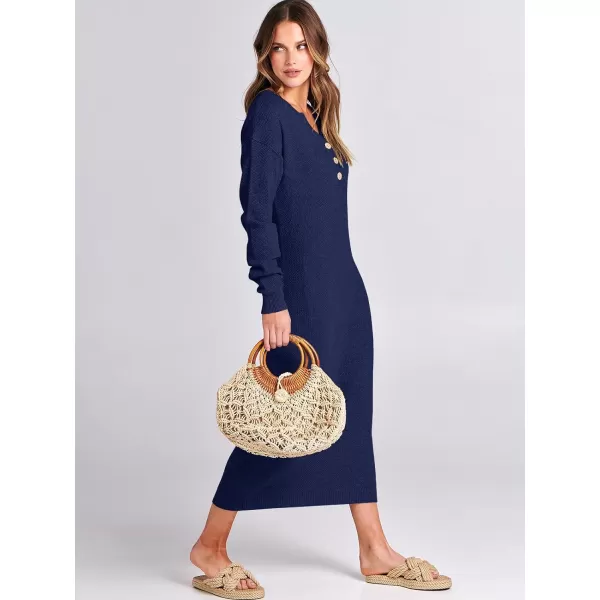 imageANRABESS Women Sweater Dress Long Sleeve Button V Neck Oversized Casual Loose Fall Waffle Knit Long DressNavy Blue