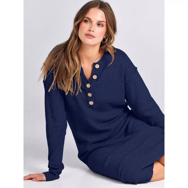 imageANRABESS Women Sweater Dress Long Sleeve Button V Neck Oversized Casual Loose Fall Waffle Knit Long DressNavy Blue