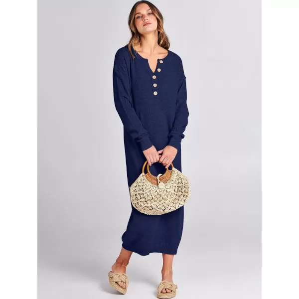 imageANRABESS Women Sweater Dress Long Sleeve Button V Neck Oversized Casual Loose Fall Waffle Knit Long DressNavy Blue