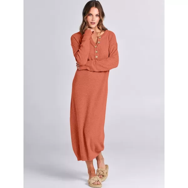 imageANRABESS Women Sweater Dress Long Sleeve Button V Neck Oversized Casual Loose Fall Waffle Knit Long DressOrange