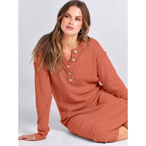 imageANRABESS Women Sweater Dress Long Sleeve Button V Neck Oversized Casual Loose Fall Waffle Knit Long DressOrange