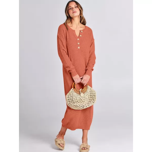 imageANRABESS Women Sweater Dress Long Sleeve Button V Neck Oversized Casual Loose Fall Waffle Knit Long DressOrange
