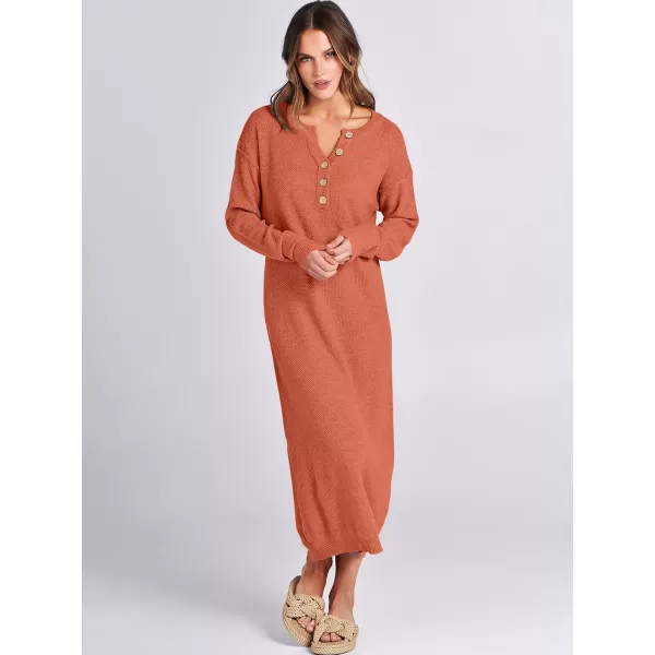 imageANRABESS Women Sweater Dress Long Sleeve Button V Neck Oversized Casual Loose Fall Waffle Knit Long DressOrange